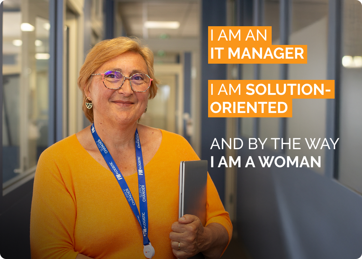 FM Logistic employee highlighted in a workplace diversity campaign promoting gender leadership in supply chain and inclusive leadership pathways.