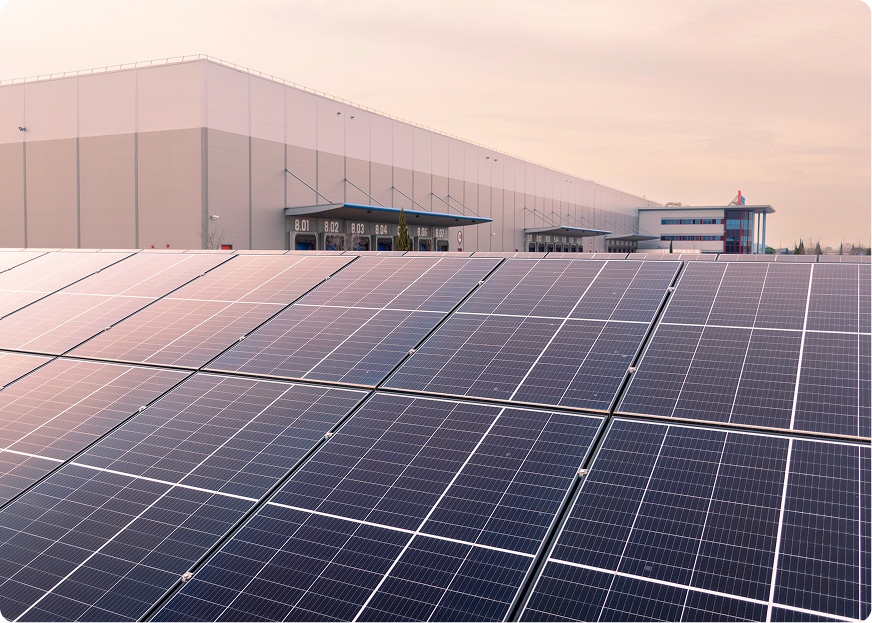 Solar panels at an FM Logistic warehouse supporting low-carbon logistics operations