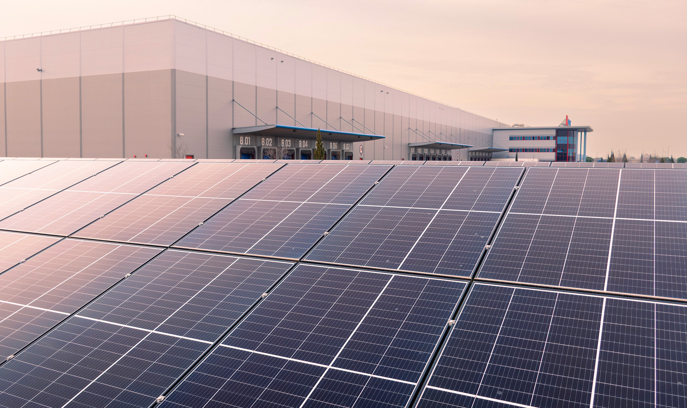 Solar panels at an FM Logistic warehouse supporting low-carbon logistics operations - desktop version