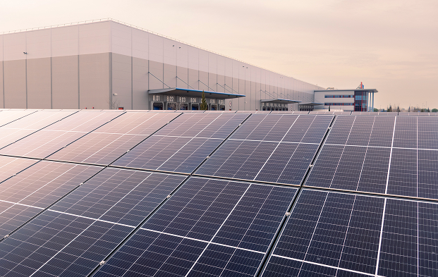 Solar panels at an FM Logistic warehouse supporting low-carbon logistics operations - mobile version