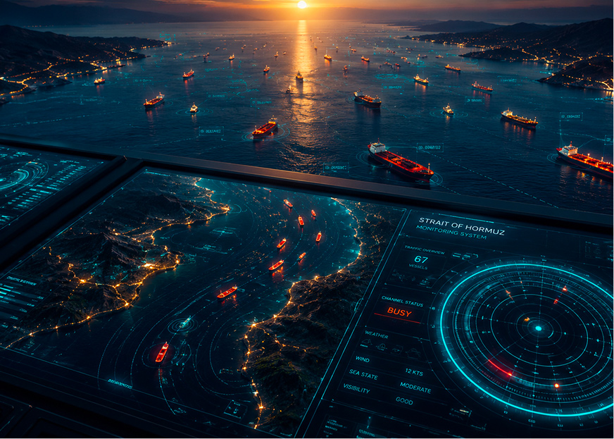 Supply chains monitored through a logistics control tower, tracking cargo vessels and maritime traffic in a critical trade corridor.