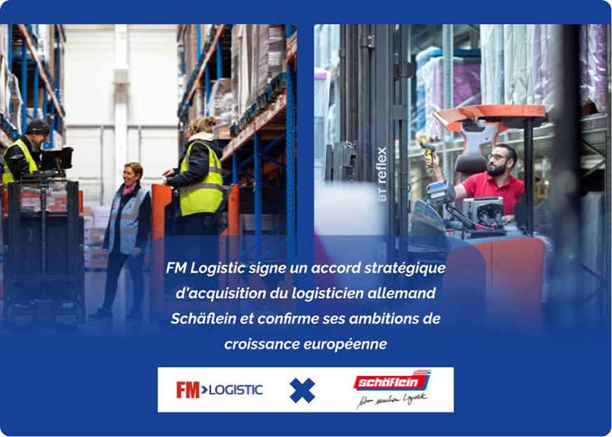 FM Logistic and Schäflein : collaborateurs dans les entrepôts de FM Logistic et de Schäflein, illustrant l'acquisition stratégique du logisticien allemand par FM Logistic. Version française.