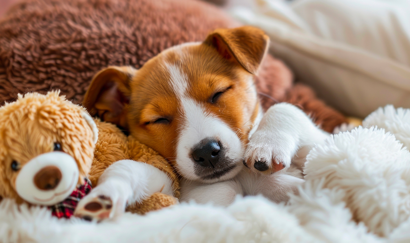 Puppy sleeping with a teddy bear in a cozy home setting, illustrating pet humanisation and how the pet products supply chain is evolving towards more premium and personalised products. Picture used on the homepage in desktop format.