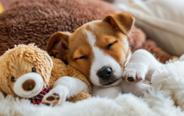 Puppy sleeping with a teddy bear in a cozy home setting, illustrating pet humanisation and how the pet products supply chain is evolving towards more premium and personalised products. Picture used on the homepage in mobile format.