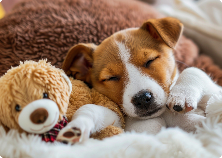 Puppy sleeping with a teddy bear in a cozy home setting, illustrating pet humanisation and how the pet products supply chain is evolving towards more premium and personalised products.