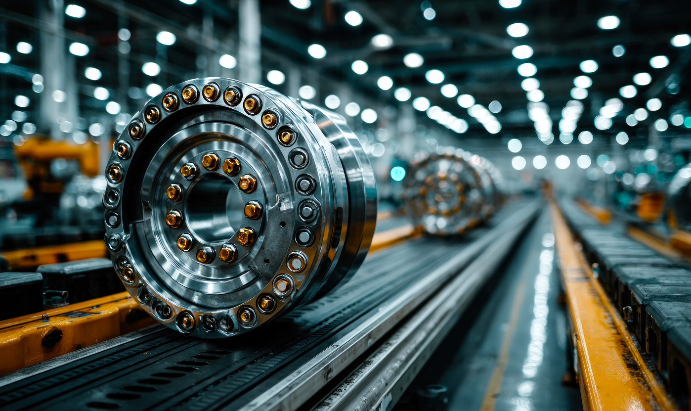  Industrial metal equipment on a production line in a factory.