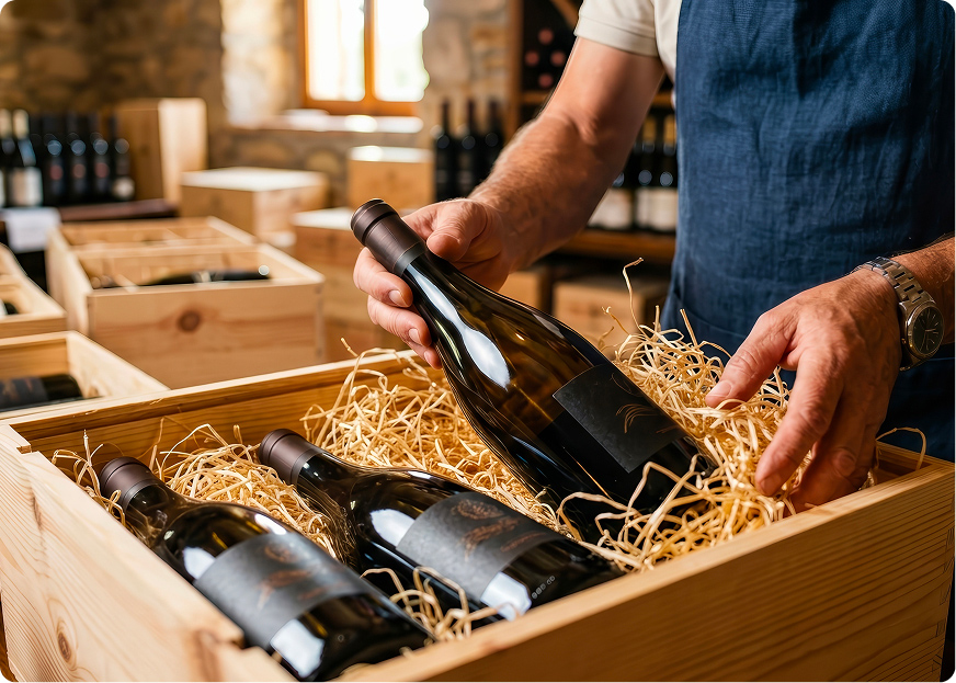 Wine and spirits logistics professional packing premium wine bottles in a wooden crate for DTC fulfilment