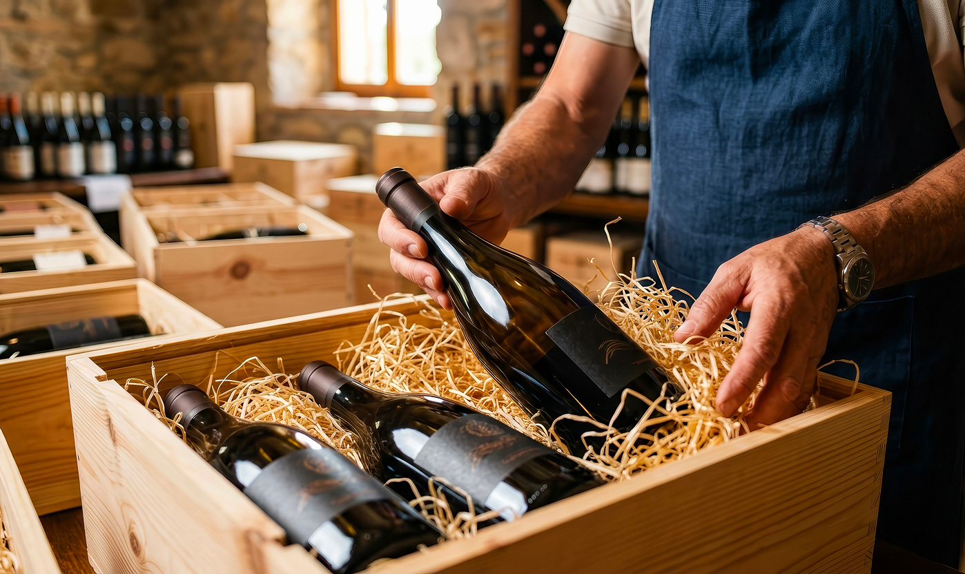 Wine and spirits logistics professional packing premium wine bottles in a wooden crate for DTC fulfilment