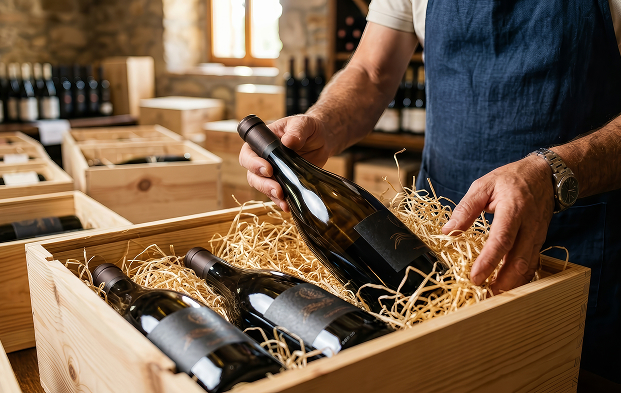 Wine and spirits logistics professional packing premium wine bottles in a wooden crate for DTC fulfilment
