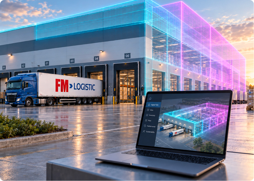 Digital twin of an FM Logistic warehouse with real-time virtual model and logistics truck
